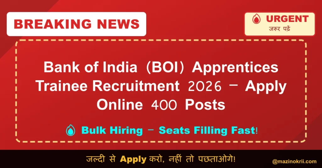 Bank of India (BOI) Apprentices Trainee Recruitment 2026 – Apply Online 400 Posts
